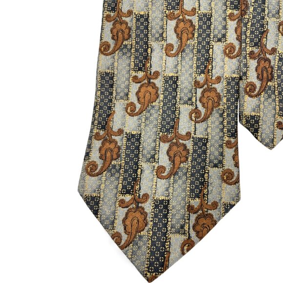 Bill Blass Signature Silk Tie Geometric Baroque Brown Gray - Picture 3 of 6